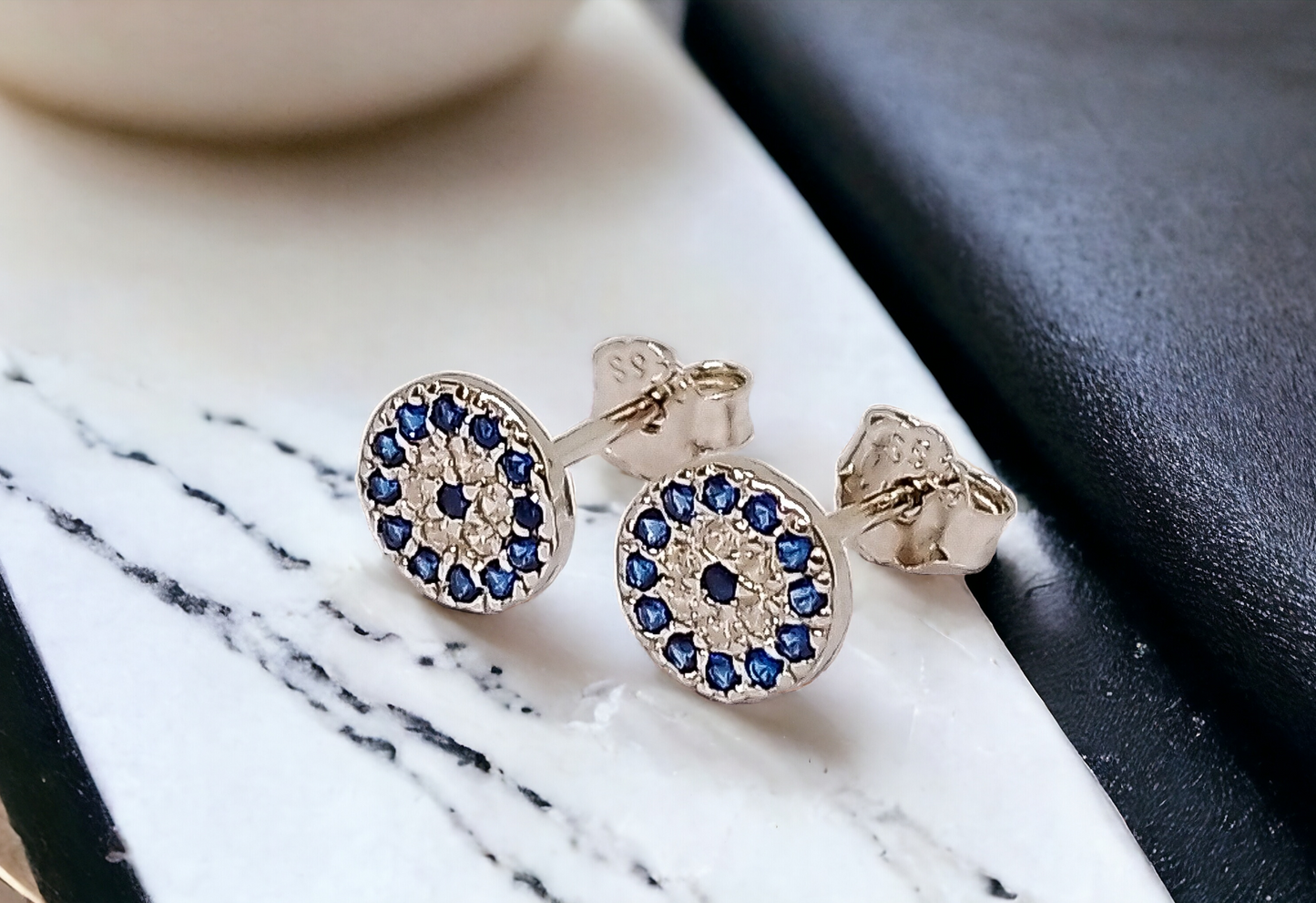 Turkish Evil Eye Round Silver Stud Earrings